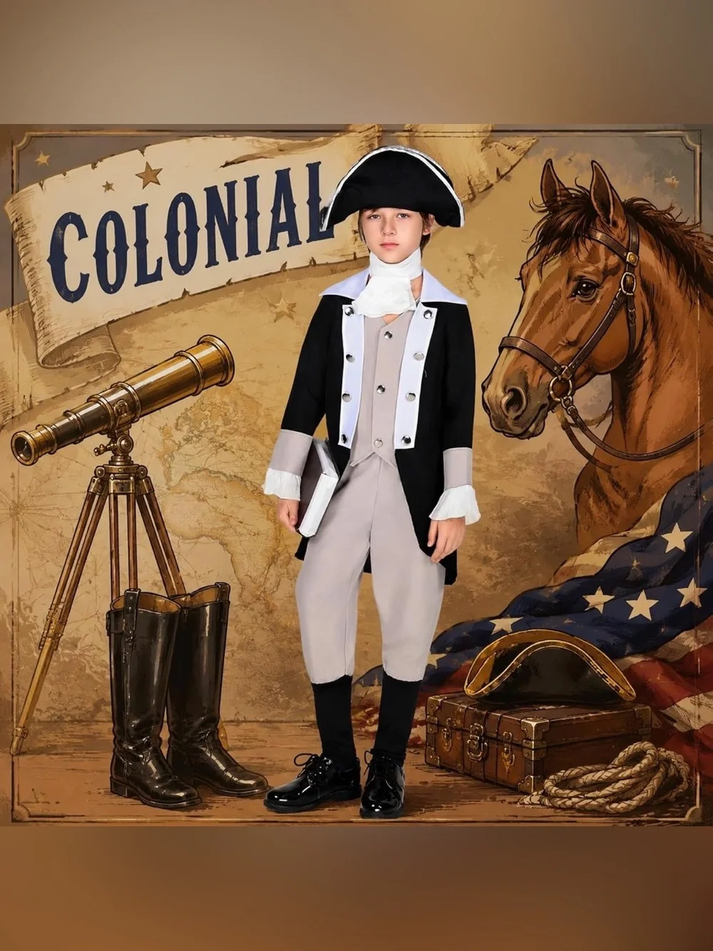 Boys George Washington Costume Kids Founding Father Colonial Jacket Boot Covers